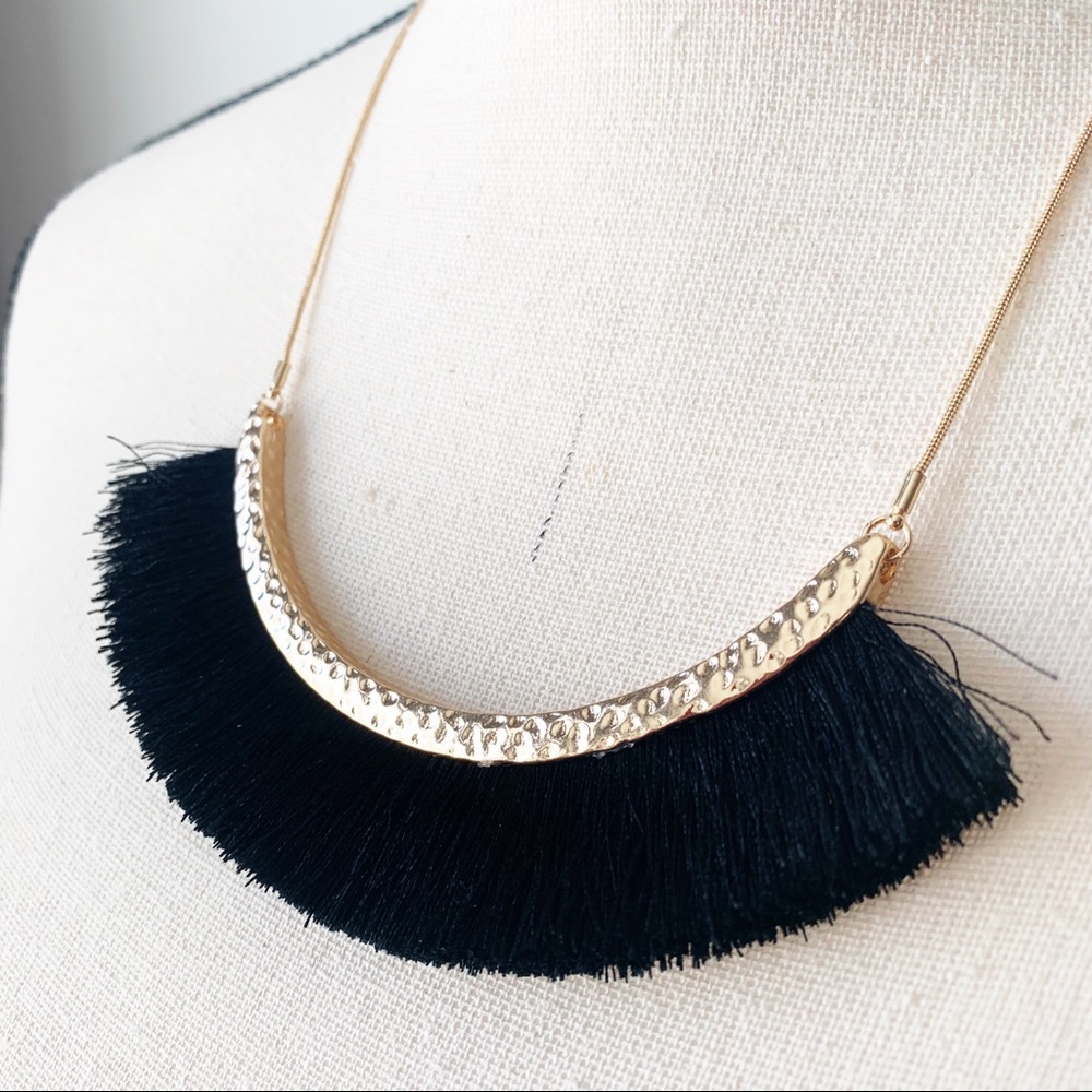 Curved Hammered Bar with Black Tassel Necklace